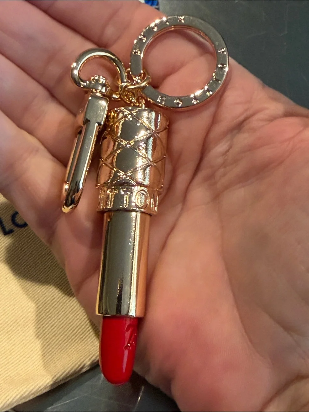 Gold Lipstick Keychain with Bright Red Lipstick Accent